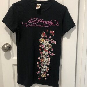 Ed Hardy Black and Pink Short Sleeve Tee with Tattoo-Inspired Design